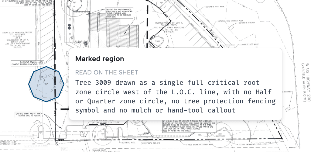 A Noetic review comment marked directly on a site plan sheet: the tree's critical root zone is outlined on the drawing, with the finding written out beside it