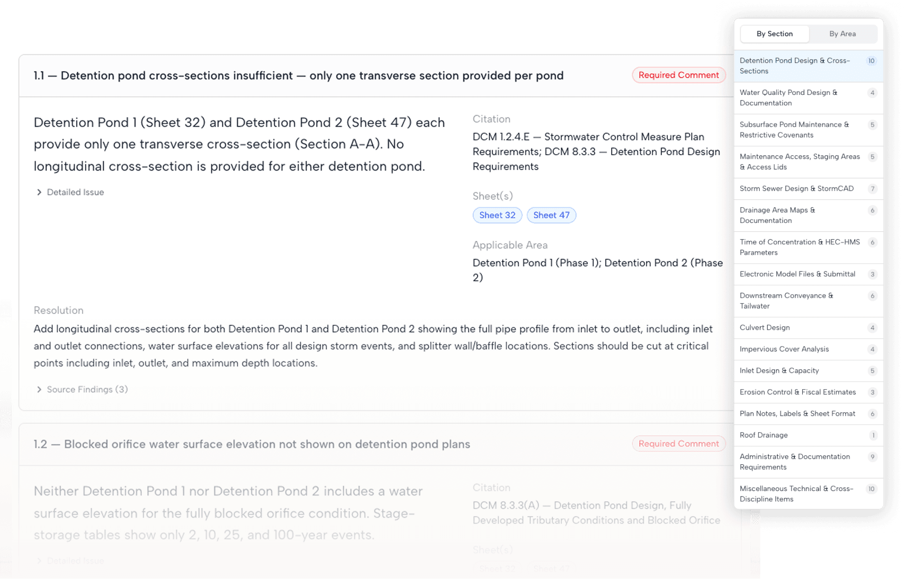 Noetic compliance review report showing issues organized by department with code citations